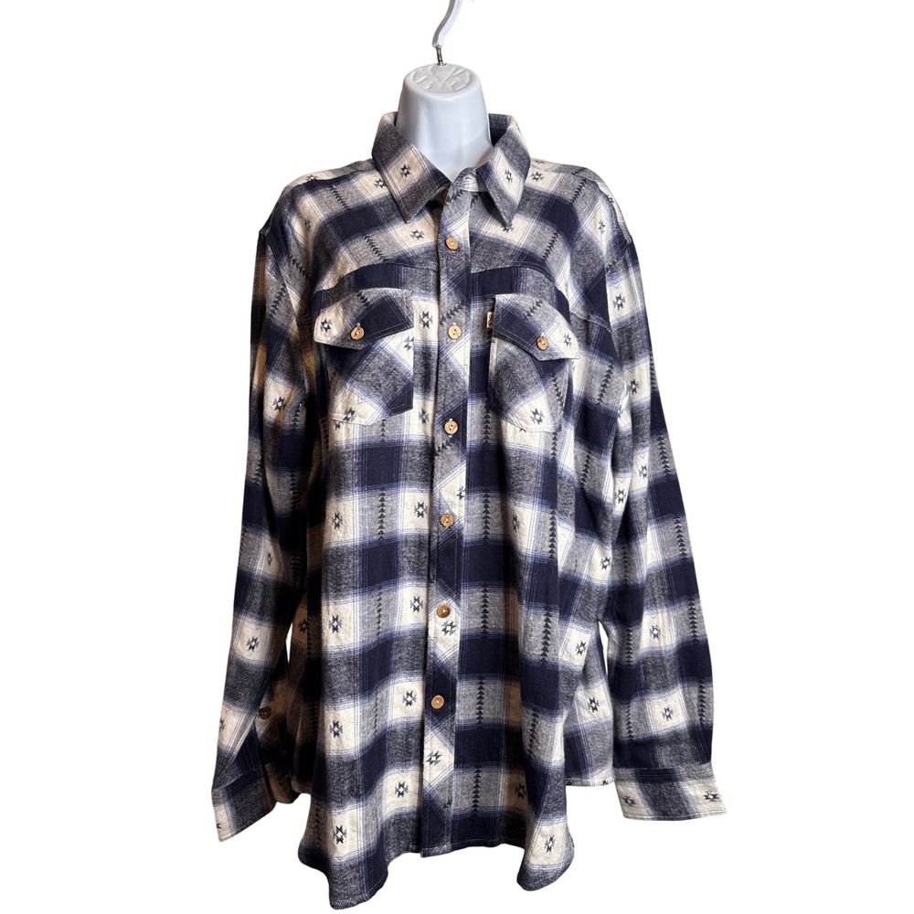 One World Brothers Mens Plaid Flannel‎ Shirt Size L Aztec Western Rugged Roomy